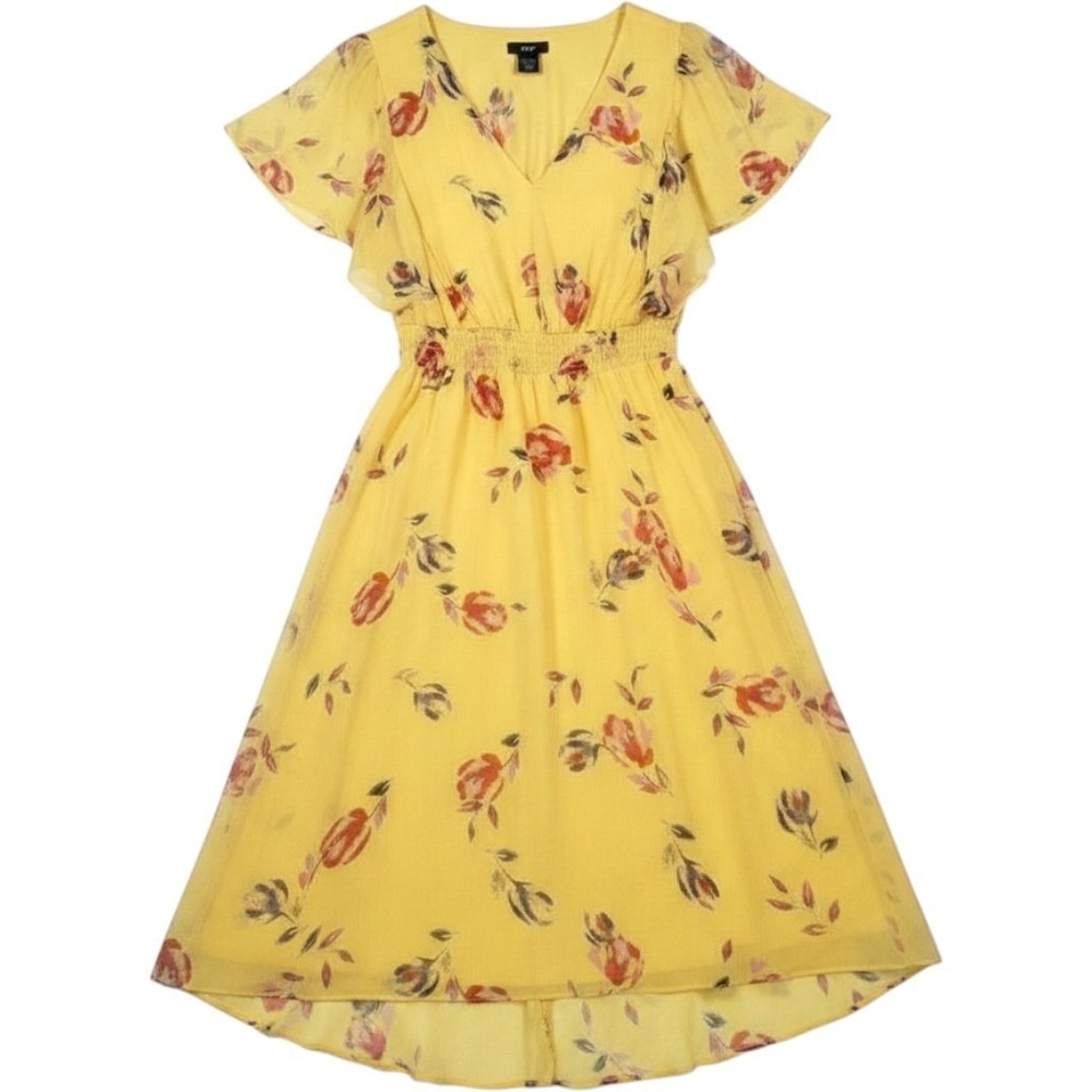 DKNY Womens Yellow Floral Chiffon Smocked Waist Flutter Sleeve Midi Dress S14